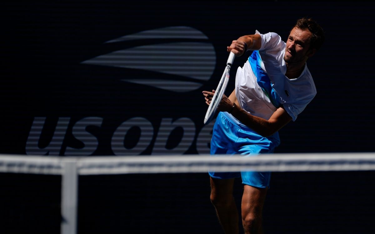Sept 2, 2024; Flushing, NY, USA;   Daniil Medvedev hits to Nuno Borges (POR) on day eight of the 2024 U.S. Open tennis tournament at USTA Billie Jean King National Tennis Center. Mandatory Credit: Robert Deutsch-USA TODAY Sports