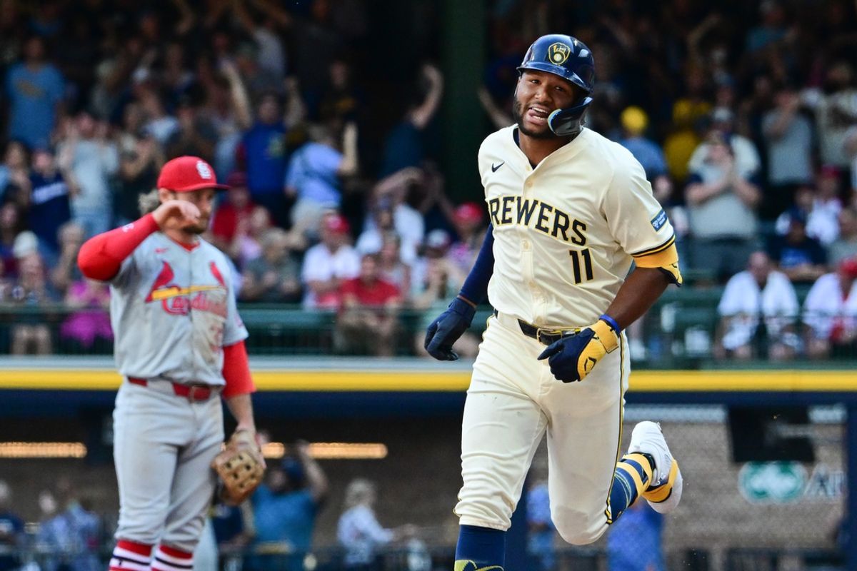Sep 2, 2024; Milwaukee, Wisconsin, USA;  Milwaukee Brewers left fielder Jackson Chourio (11) runs the bases after hitting a grand slam home run in the sixth inning against the St. Louis Cardinals at American Family Field. Mandatory Credit: Benny Sieu-USA TODAY Sports