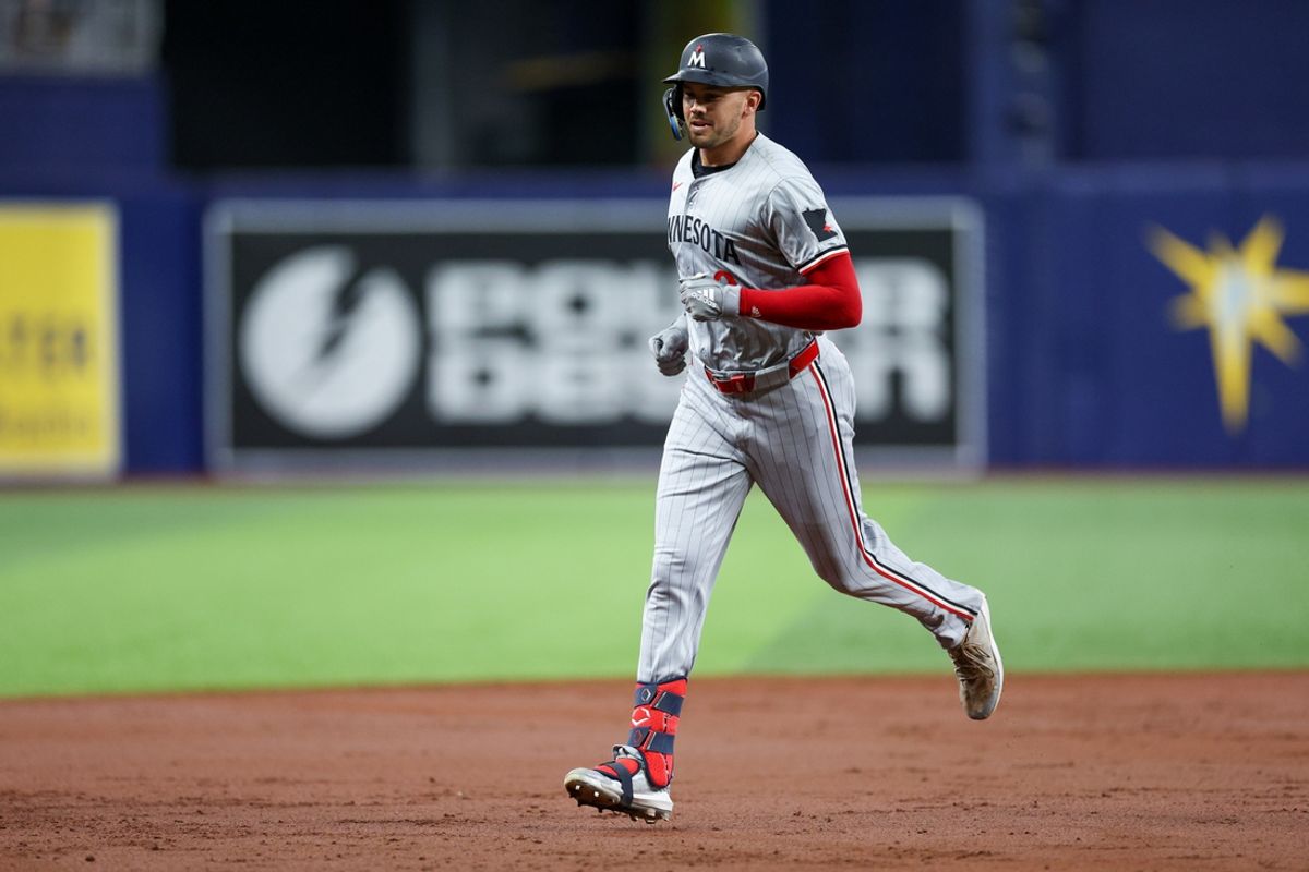 Sep 2, 2024; St. Petersburg, Florida, USA; -Minnesota Twins outfielder Trevor Larnach (9) runs the bases after hitting a three-run home run against the Tampa Bay Rays in the second inning at Tropicana Field. Mandatory Credit: Nathan Ray Seebeck-USA TODAY Sports