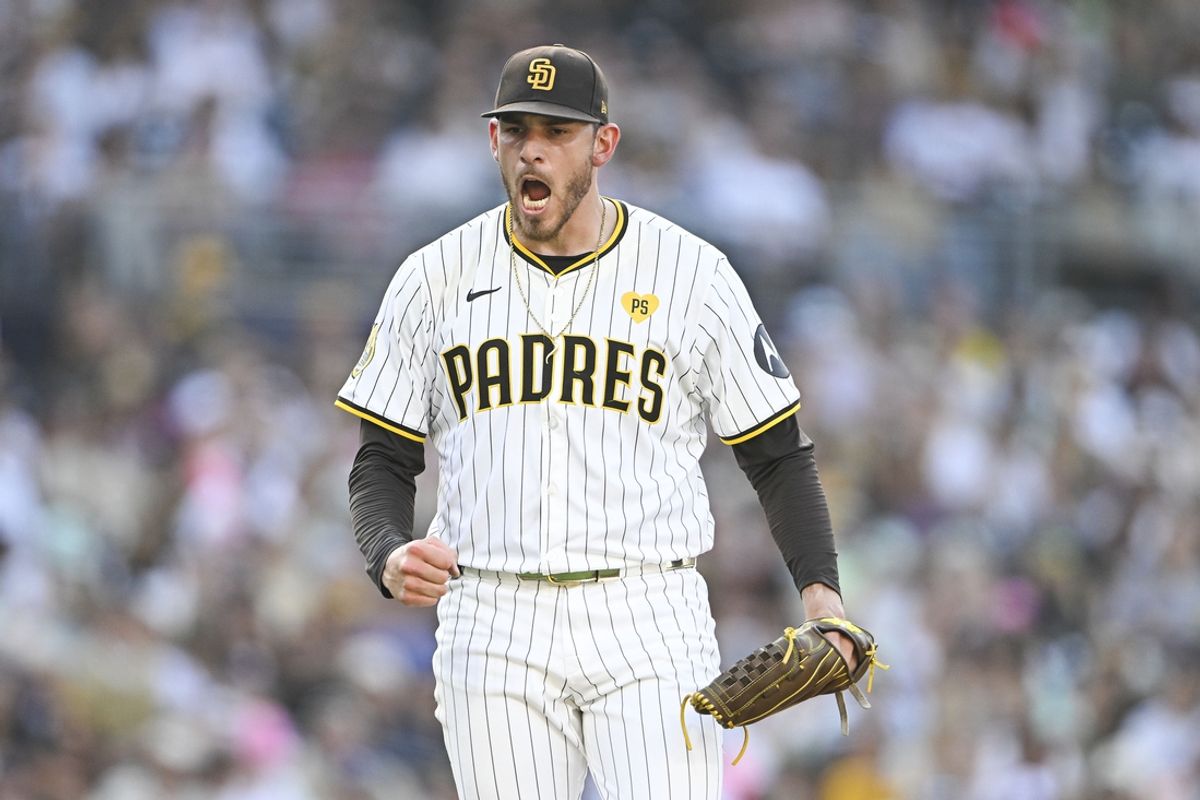 Sep 2, 2024; San Diego, California, USA; San Diego Padres starting pitcher Joe Musgrove (44) reacts after striking out Detroit Tigers first baseman Spencer Torkelson (not pictured) during the fourth inning at Petco Park. Mandatory Credit: Denis Poroy-Imagn Images
