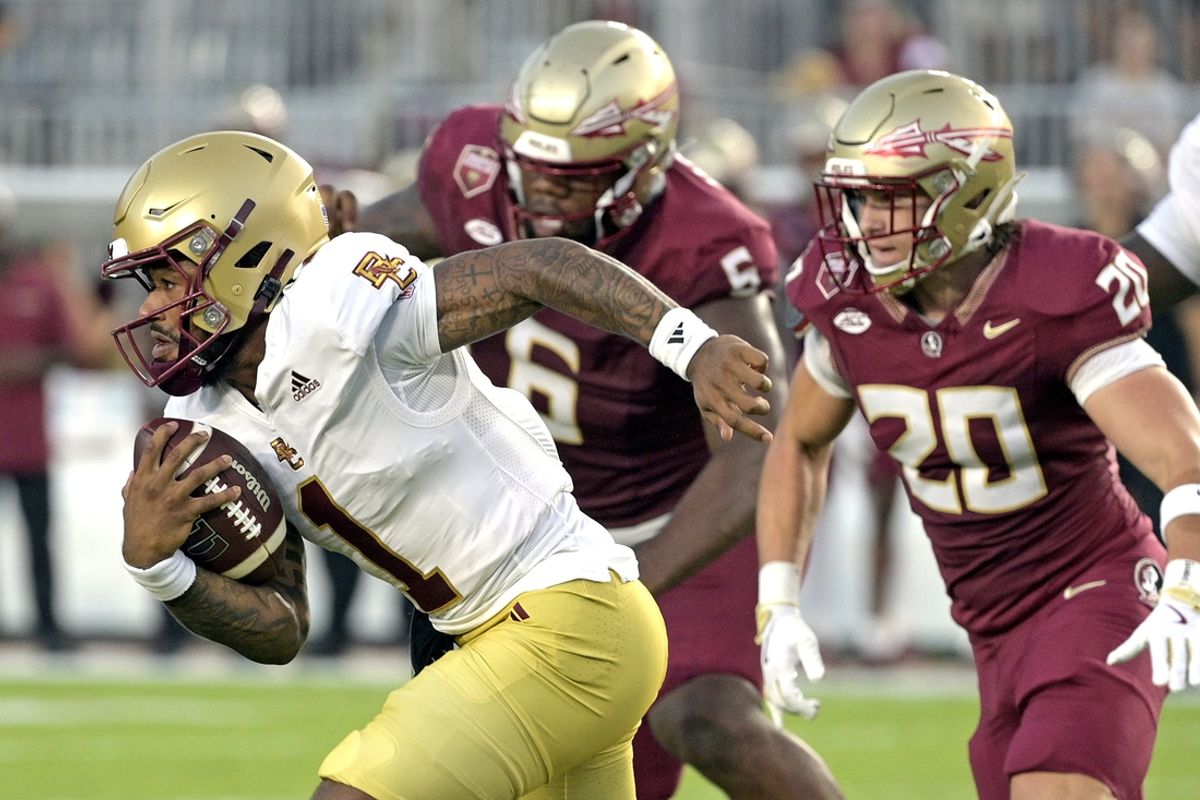 Sep 2, 2024; Tallahassee, Florida, USA; Boston College Eagles quarterback Thomas Castellanos (1) runs the ball during the first quarter against the Florida State Seminoles at Doak S. Campbell Stadium. Mandatory Credit: Melina Myers-USA TODAY Sports