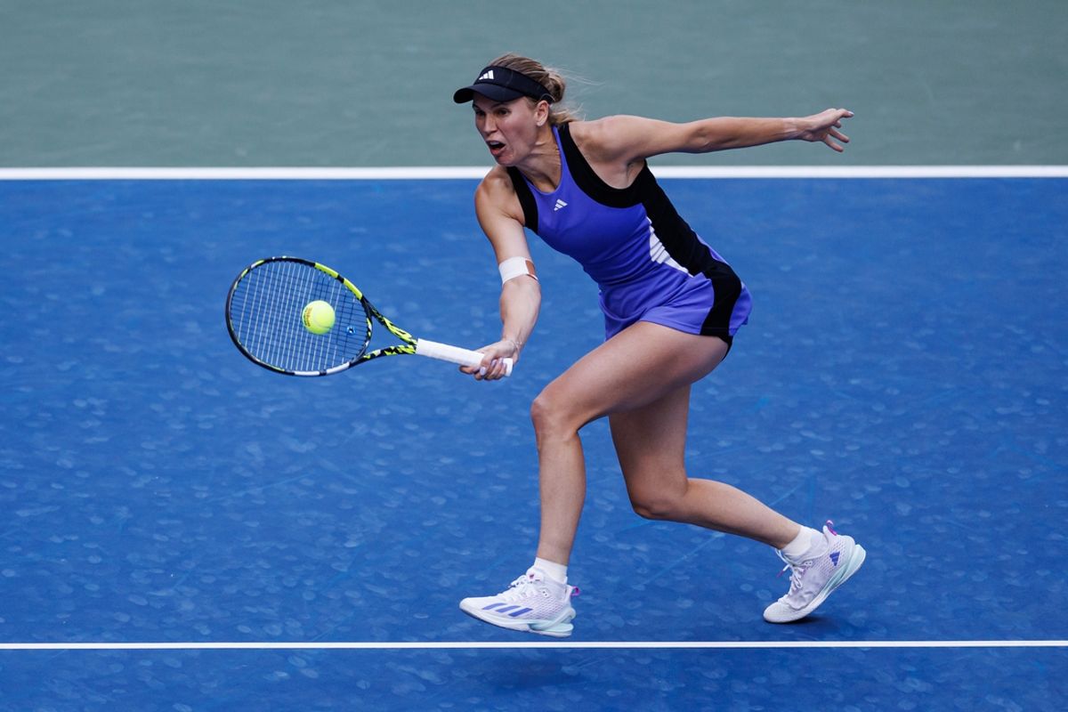 Sep 2, 2024; Flushing, NY, USA; Caroline Wozniacki (DEN) in action against Beatriz Haddad Maia (BZL) on day eight of the 2024 U.S. Open tennis tournament at the USTA Billie Jean King National Tennis Center. Mandatory Credit: Mike Frey-Imagn Images