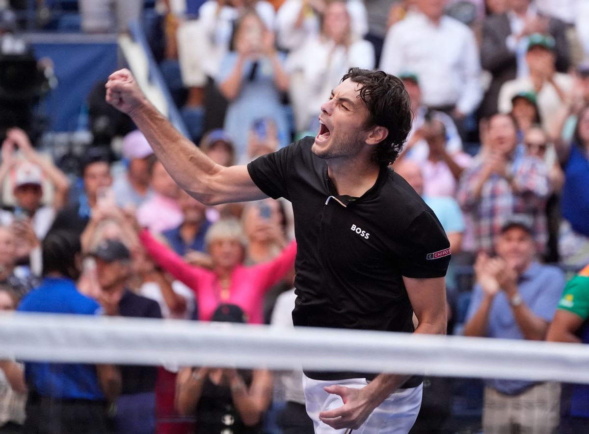 Sept 3, 2024; Flushing, NY, USA;   Taylor Fritz (USA) after beating Alexander Zverev (GER) on day nine of the 2024 U.S. Open tennis tournament at USTA Billie Jean King National Tennis Center. Mandatory Credit: Robert Deutsch-Imagn Images
