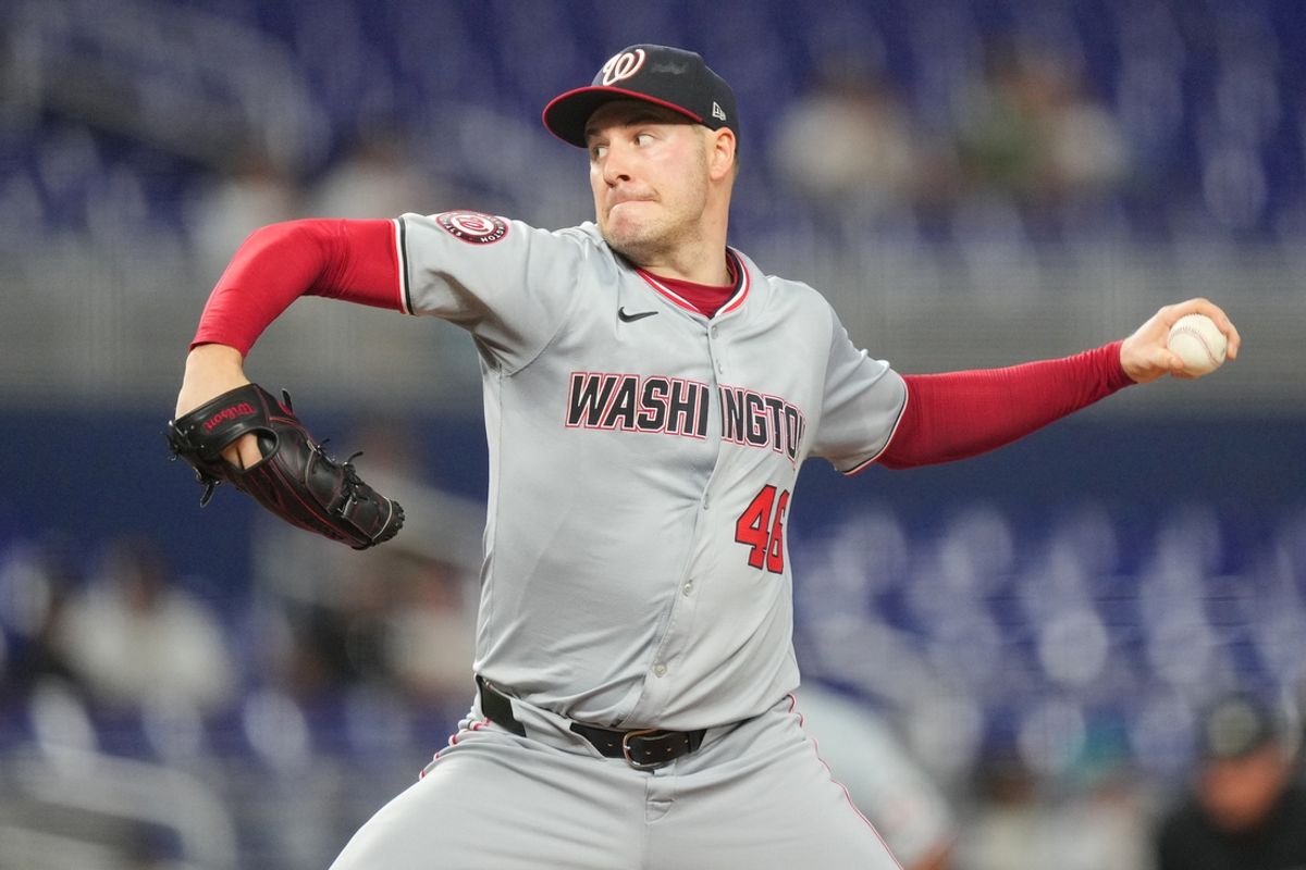Sep 3, 2024; Miami, Florida, USA;  Washington Nationals pitcher Patrick Corbin (46) pitches against the Miami Marlins in the first inning at loanDepot Park. Mandatory Credit: Jim Rassol-Imagn Images.
