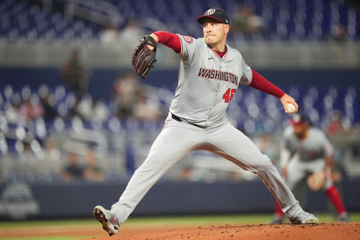 Sep 3, 2024; Miami, Florida, USA;  Washington Nationals pitcher Patrick Corbin (46) pitches against the Miami Marlins in the first inning at loanDepot Park. Mandatory Credit: Jim Rassol-Imagn Images.