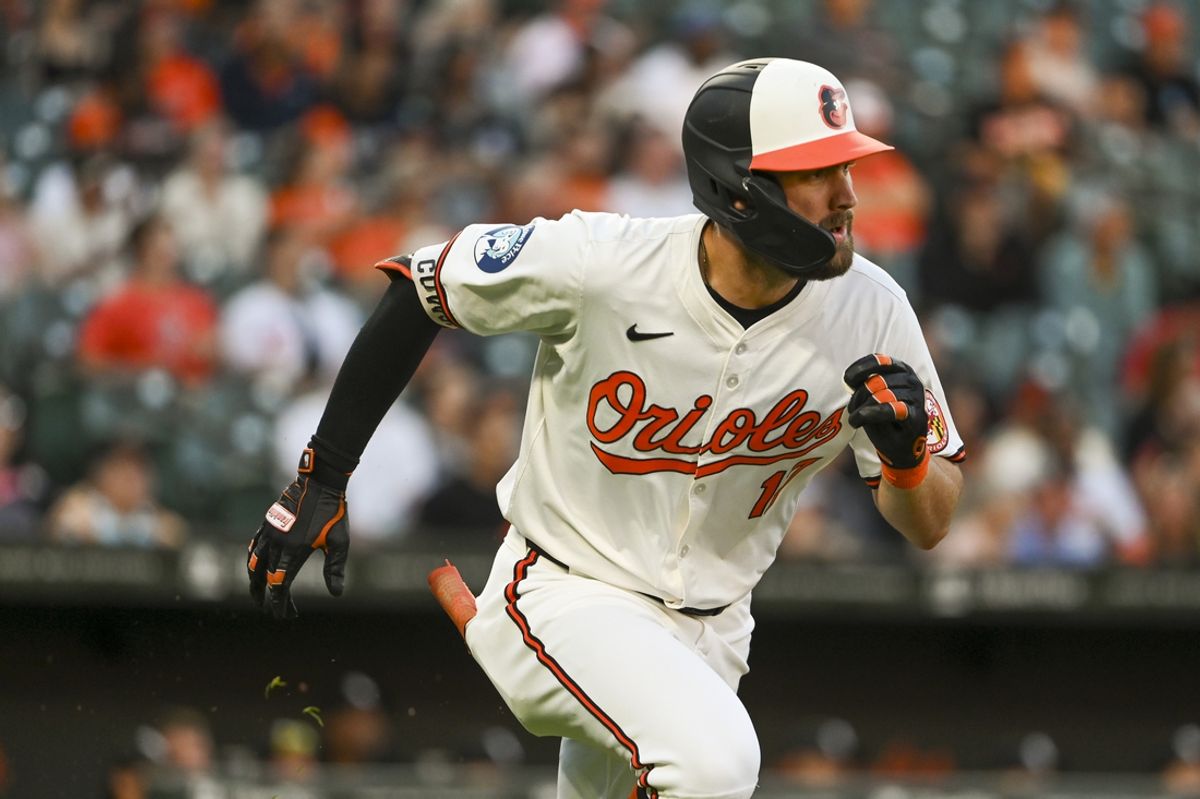 Sep 3, 2024; Baltimore, Maryland, USA;  Baltimore Orioles outfielder Colton Cowser (17) runs out a first inninrbi single against the Chicago White Sox at Oriole Park at Camden Yards. Mandatory Credit: Tommy Gilligan-Imagn Images