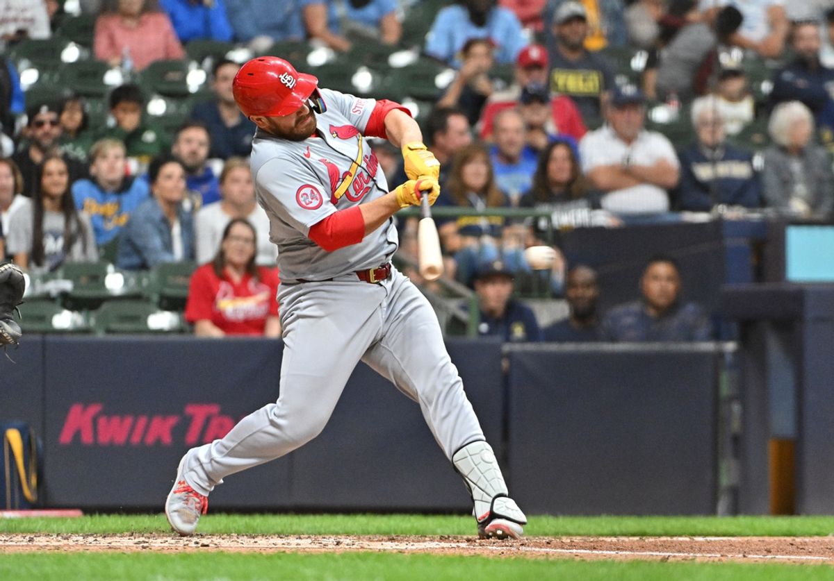 Sep 3, 2024; Milwaukee, Wisconsin, USA; St. Louis Cardinals catcher Pedro Pagés (43) gets a base hit against the Milwaukee Brewers in the fourth inning at American Family Field. Mandatory Credit: Michael McLoone-Imagn Images