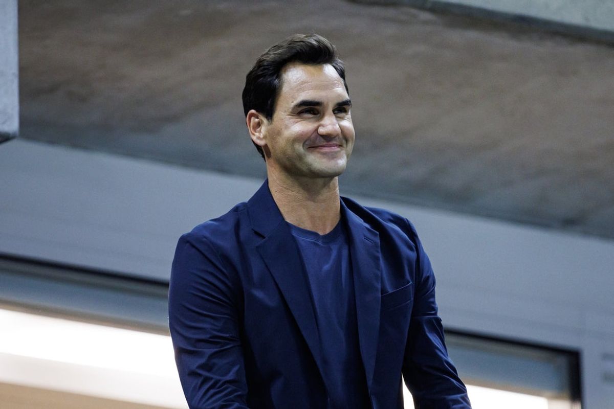 Sep 3, 2024; Flushing, NY, USA; Roger Federer watches Aryna Sabalenka of Russia playing Qinwen Zheng of China on day nine of the U.S. Open tennis tournament at the USTA Billie Jean King National Tennis Center. Mandatory Credit: Mike Frey-Imagn Images