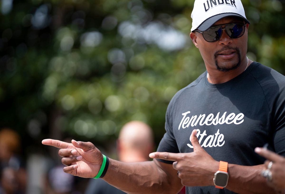 Head football coach Eddie George attends a rally the day before the first football game of the season in Averitte Amphitheater at Tennessee State University in Nashville, Tenn., Friday, Aug. 30, 2024.