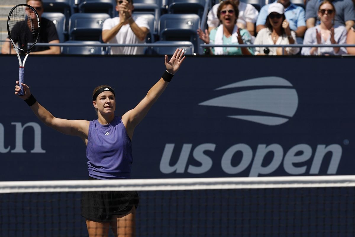 Sep 4, 2024; Flushing, NY, USA; Karolina Muchova (CZE) celebrates after match point against Beatriz Haddad Maia (BRA)(not pictured) on day ten of the 2024 U.S. Open tennis tournament at USTA Billie Jean King National Tennis Center. Mandatory Credit: Geoff Burke-Imagn Images