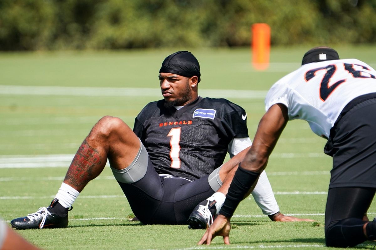 Cincinnati Bengals wide receiver Ja'Marr Chase (1) stretches during training, Wednesday, Sept. 4, 2024, at the Kettering Health Practice Fields outside of Paycor Stadium in Cincinnati.