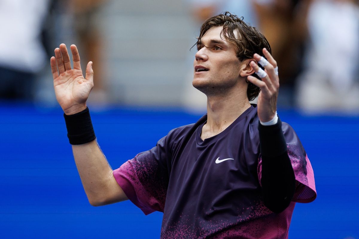 Sep 4, 2024; Flushing, NY, USA; Jack Draper of Great Britain celebrates after defeating Alex de Minaur of Australia on day nine of the U.S. Open tennis tournament at the USTA Billie Jean King National Tennis Center. Mandatory Credit: Mike Frey-Imagn Images
