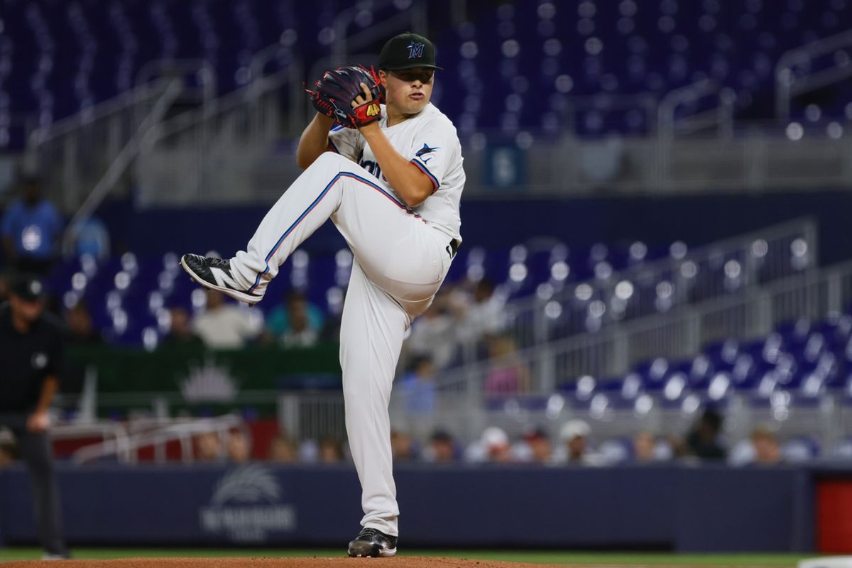 Sep 4, 2024; Miami, Florida, USA; Miami Marlins starting pitcher Valente Bellozo (83) delivers a pitch against the Washington Nationals during the first inning at loanDepot Park. Mandatory Credit: Sam Navarro-Imagn Images