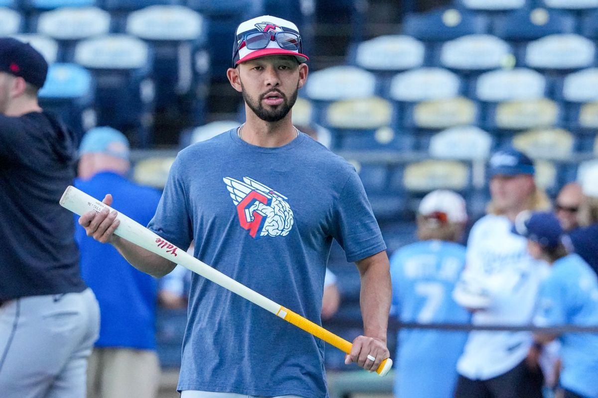 Sep 4, 2024; Kansas City, Missouri, USA; Cleveland Guardians left fielder Steven Kwan (38) takes batting practice against the Kansas City Royals prior to a game at Kauffman Stadium. Mandatory Credit: Denny Medley-Imagn Images