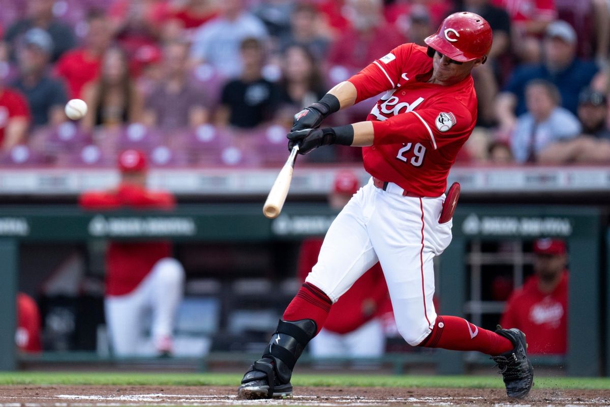 Cincinnati Reds center fielder TJ Friedl (29) hits a RBI double in the first inning of the MLB game between the Cincinnati Reds and Houston Astros at Great American Ball Park in Cincinnati on Wednesday, Sept. 4, 2024.