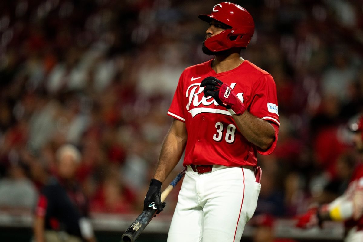 Cincinnati Reds designated hitter Amed Rosario (38) prepares to bunt in the fifth inning of the MLB game at Great American Ball Park in Cincinnati on Wednesday, Sept. 4, 2024.