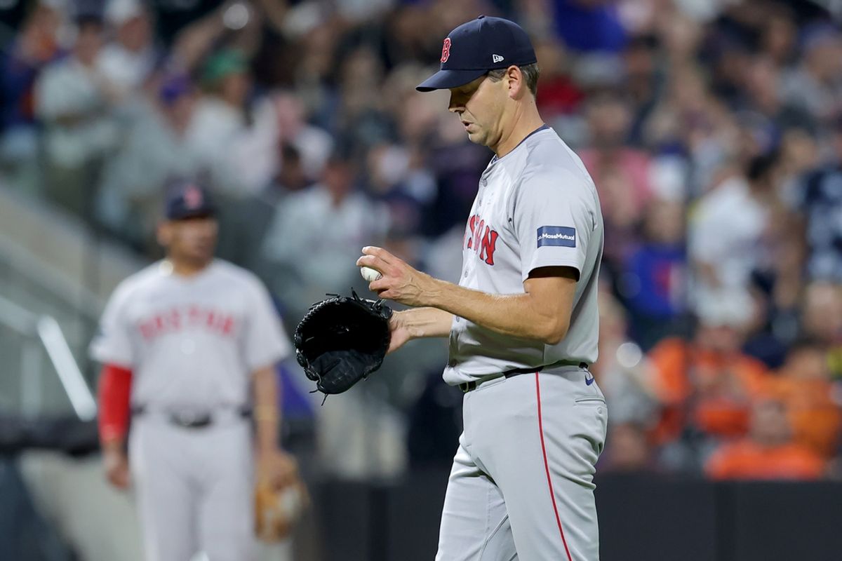 Sep 4, 2024; New York City, New York, USA; Boston Red Sox relief pitcher Rich Hill (44) reacts during the eighth inning against the New York Mets at Citi Field. Mandatory Credit: Brad Penner-Imagn Images