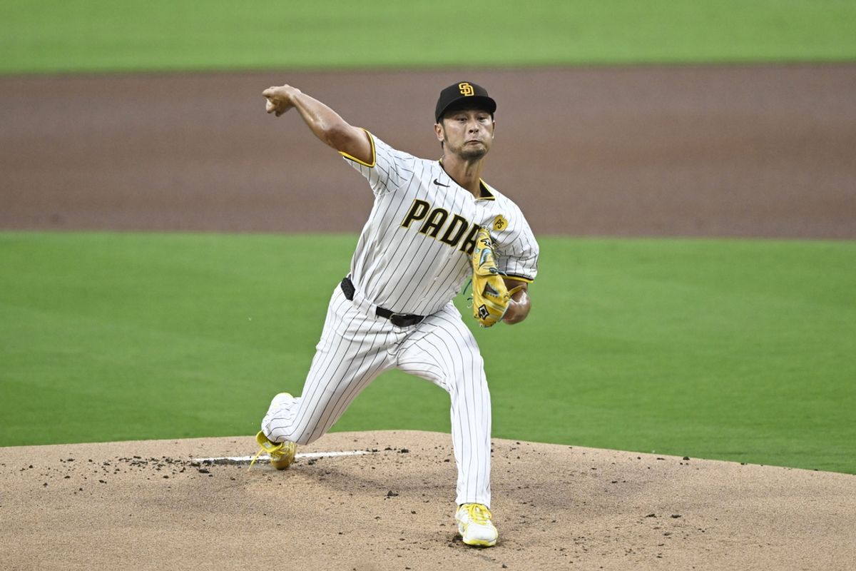 Sep 4, 2024; San Diego, California, USA; San Diego Padres starting pitcher Yu Darvish (11) pitches during the first inning against the Detroit Tigers at Petco Park. Mandatory Credit: Denis Poroy-Imagn Images