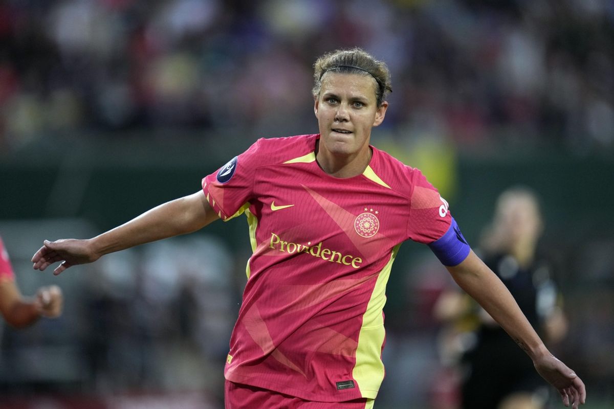 Sep 4, 2024; Portland, OR, USA; Portland Thorns FC forward Christine Sinclair (12) celebrates after scoring a goal during the first half against Club America at Providence Park. Mandatory Credit: Soobum Im-Imagn Images