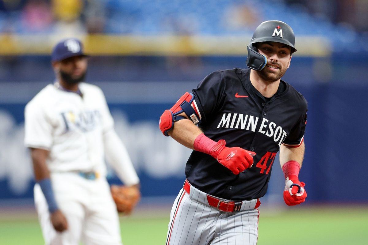 Sep 5, 2024; St. Petersburg, Florida, USA; Minnesota Twins second baseman Edouard Julien (47) runs the bases after hitting a three-run home run against the Tampa Bay Rays in the second inning at Tropicana Field. Mandatory Credit: Nathan Ray Seebeck-Imagn Images