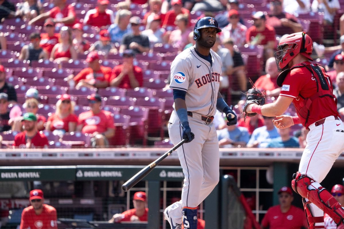 Houston Astros left fielder Yordan Alvarez (44) walks back to the dugout after striking out in the seventh inning of the MLB game between the Cincinnati Reds and Houston Astros at Great American Ball Park in Cincinnati on Wednesday, Sept. 4, 2024.