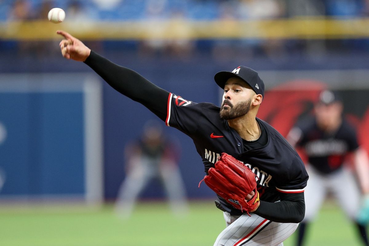 Sep 5, 2024; St. Petersburg, Florida, USA; Minnesota Twins pitcher Pablo Lopez (49) throws a pitch against the Tampa Bay Rays in the fifth inning at Tropicana Field. Mandatory Credit: Nathan Ray Seebeck-Imagn Images