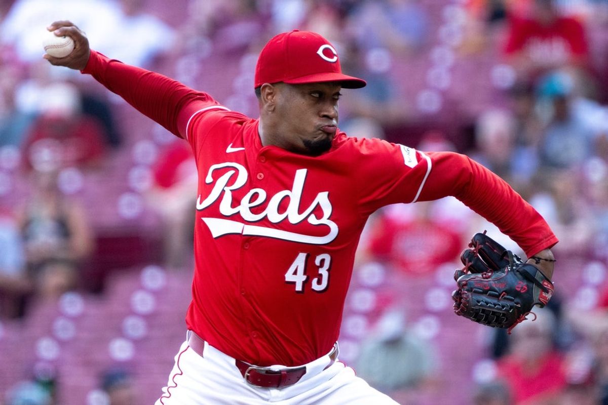 Cincinnati Reds pitcher Alexis Diaz (43) delivers the pitch in the ninth inning of the MLB game at Great American Ball Park in Cincinnati on Wednesday, Sept. 4, 2024. Cincinnati Reds defeated Houston Astros 1-0.