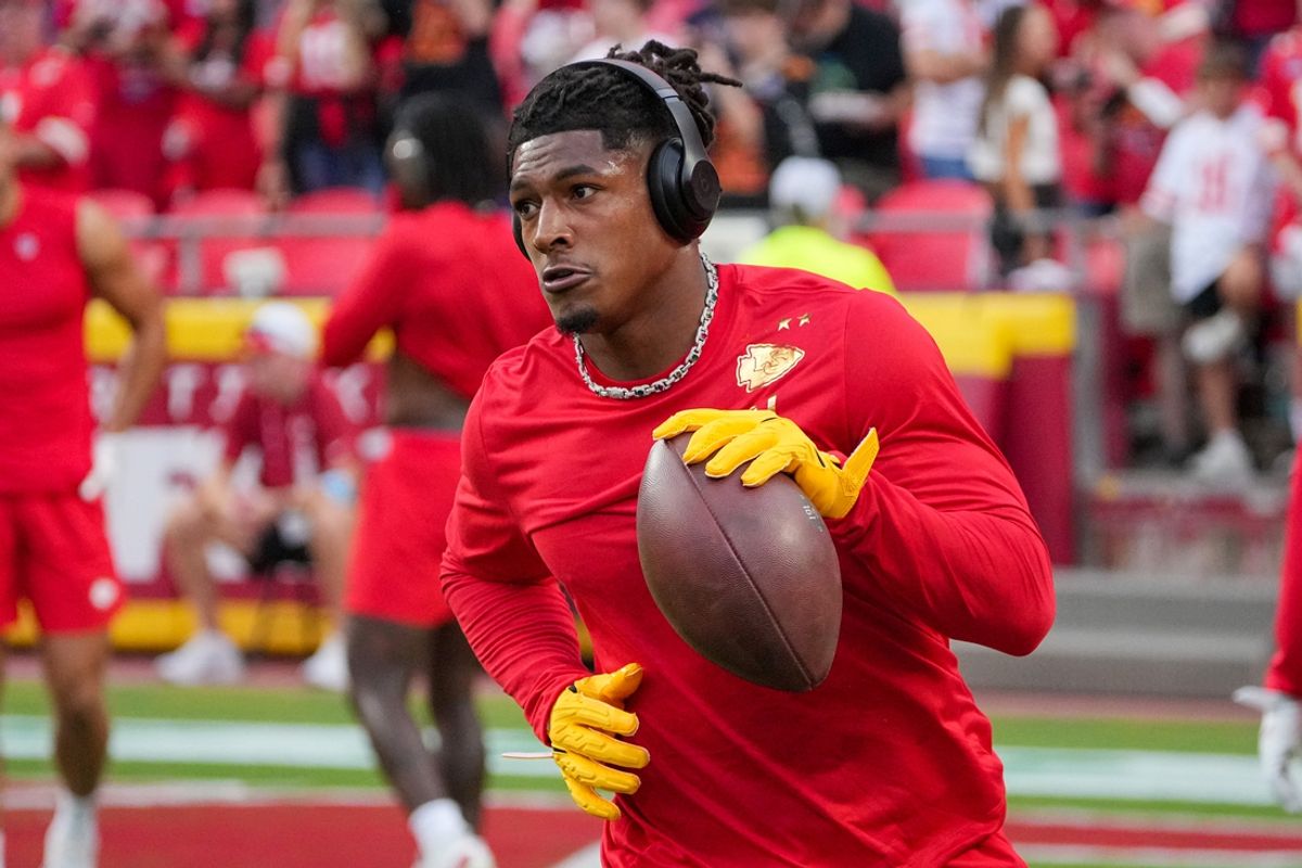 Sep 5, 2024; Kansas City, Missouri, USA; Kansas City Chiefs running back Isiah Pacheco (10) catches a pass against the Baltimore Ravens during warm ups at GEHA Field at Arrowhead Stadium. Mandatory Credit: Denny Medley-Imagn Images