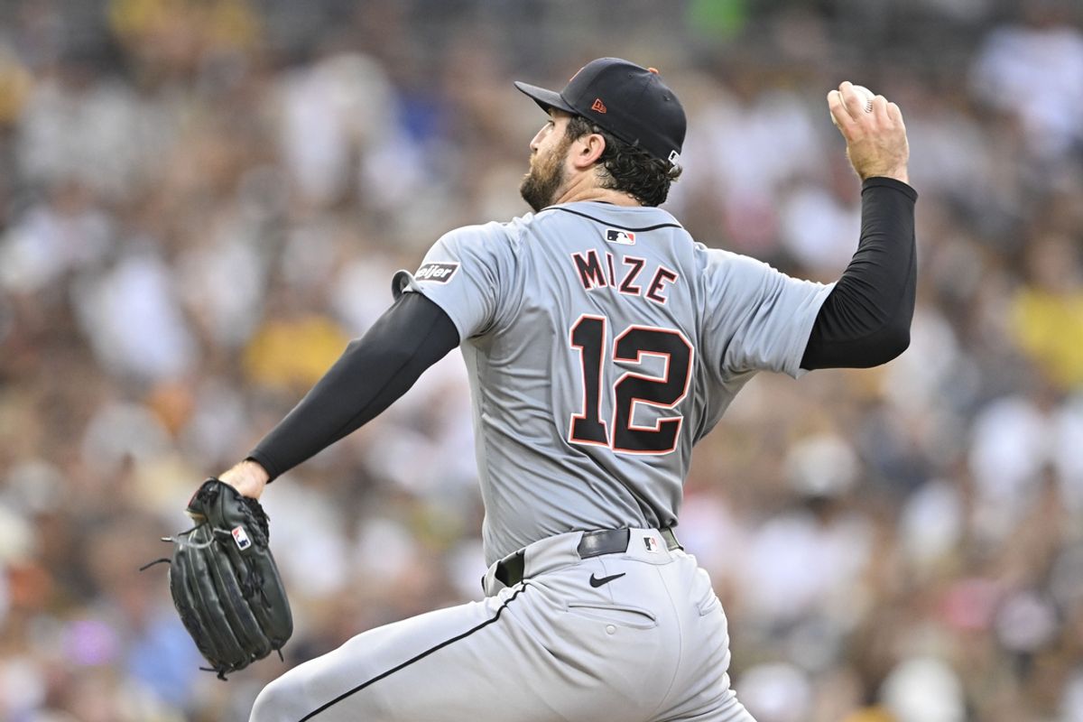 Sep 5, 2024; San Diego, California, USA; Detroit Tigers starting pitcher Casey Mize (12) pitches during the third inning against the Detroit Tigers at Petco Park. Mandatory Credit: Denis Poroy-Imagn Images