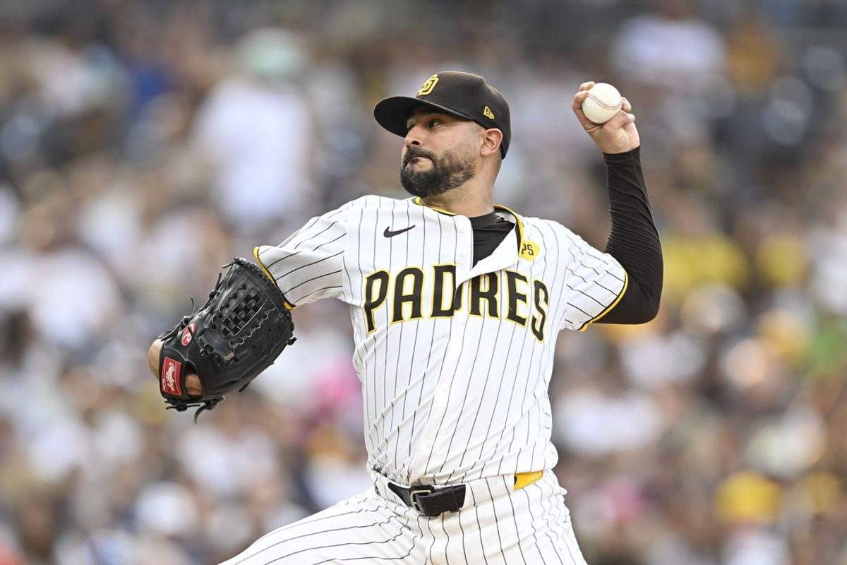 Sep 5, 2024; San Diego, California, USA; San Diego Padres starting pitcher Martin Perez (54) pitches during the first inning against the Detroit Tigers at Petco Park. Mandatory Credit: Denis Poroy-Imagn Images
