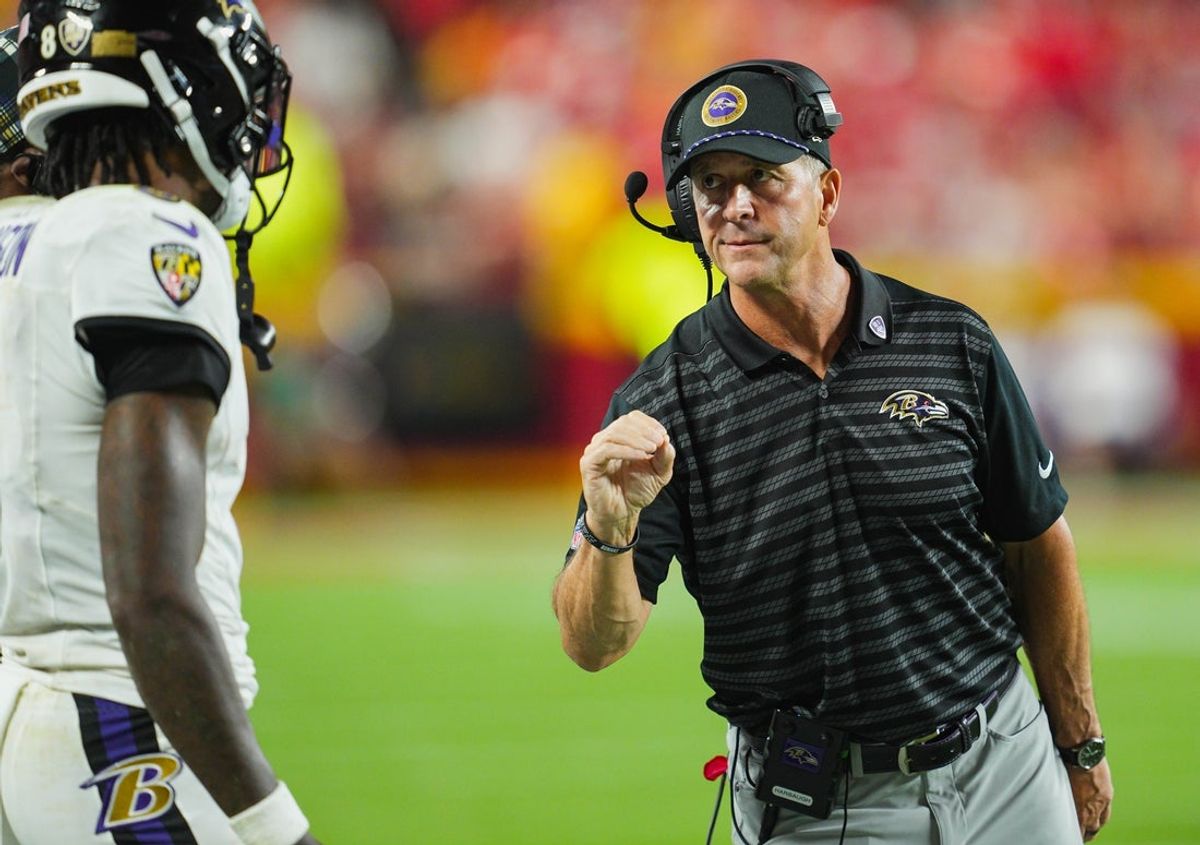 Ravens coach John Harbaugh and quarterback Lamar Jackson are looking to reverse their fortunes at Kansas City in Week 4. Mandatory Credit: Jay Biggerstaff-Imagn Images