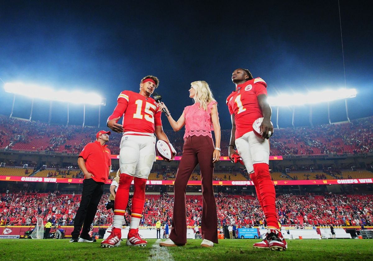 Sep 5, 2024; Kansas City, Missouri, USA; Kansas City Chiefs starting quarterback Patrick Mahomes (15) and wide receiver Xavier Worthy (1) talk with reporter Melissa Stark after defeating the Baltimore Ravens at GEHA Field at Arrowhead Stadium. Mandatory Credit: Jay Biggerstaff-Imagn Images