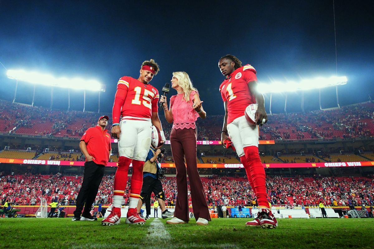 Sep 5, 2024; Kansas City, Missouri, USA; Kansas City Chiefs starting quarterback Patrick Mahomes (15) and wide receiver Xavier Worthy (1) talk with reporter Melissa Stark after defeating the Baltimore Ravens at GEHA Field at Arrowhead Stadium. Mandatory Credit: Jay Biggerstaff-Imagn Images