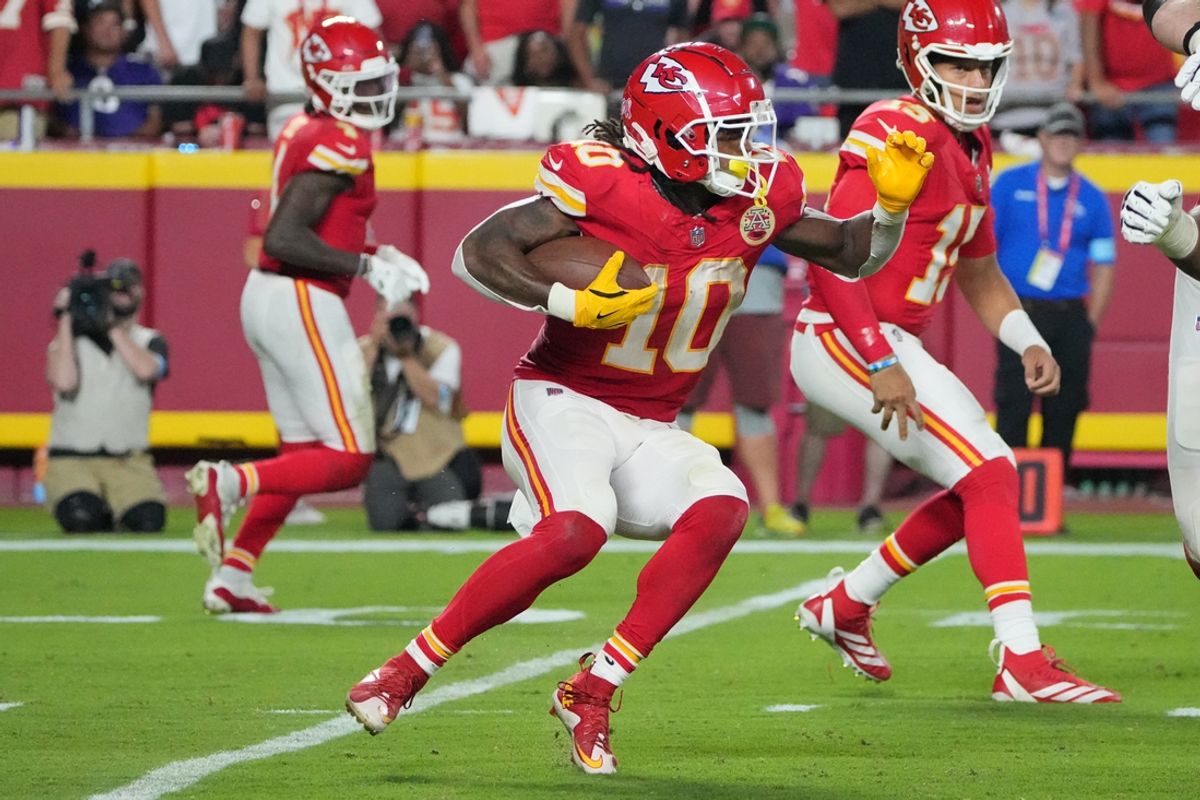 Sep 5, 2024; Kansas City, Missouri, USA; Kansas City Chiefs running back Isiah Pacheco (10) runs the ball against the Baltimore Ravens during the second half at GEHA Field at Arrowhead Stadium. Mandatory Credit: Denny Medley-Imagn Images