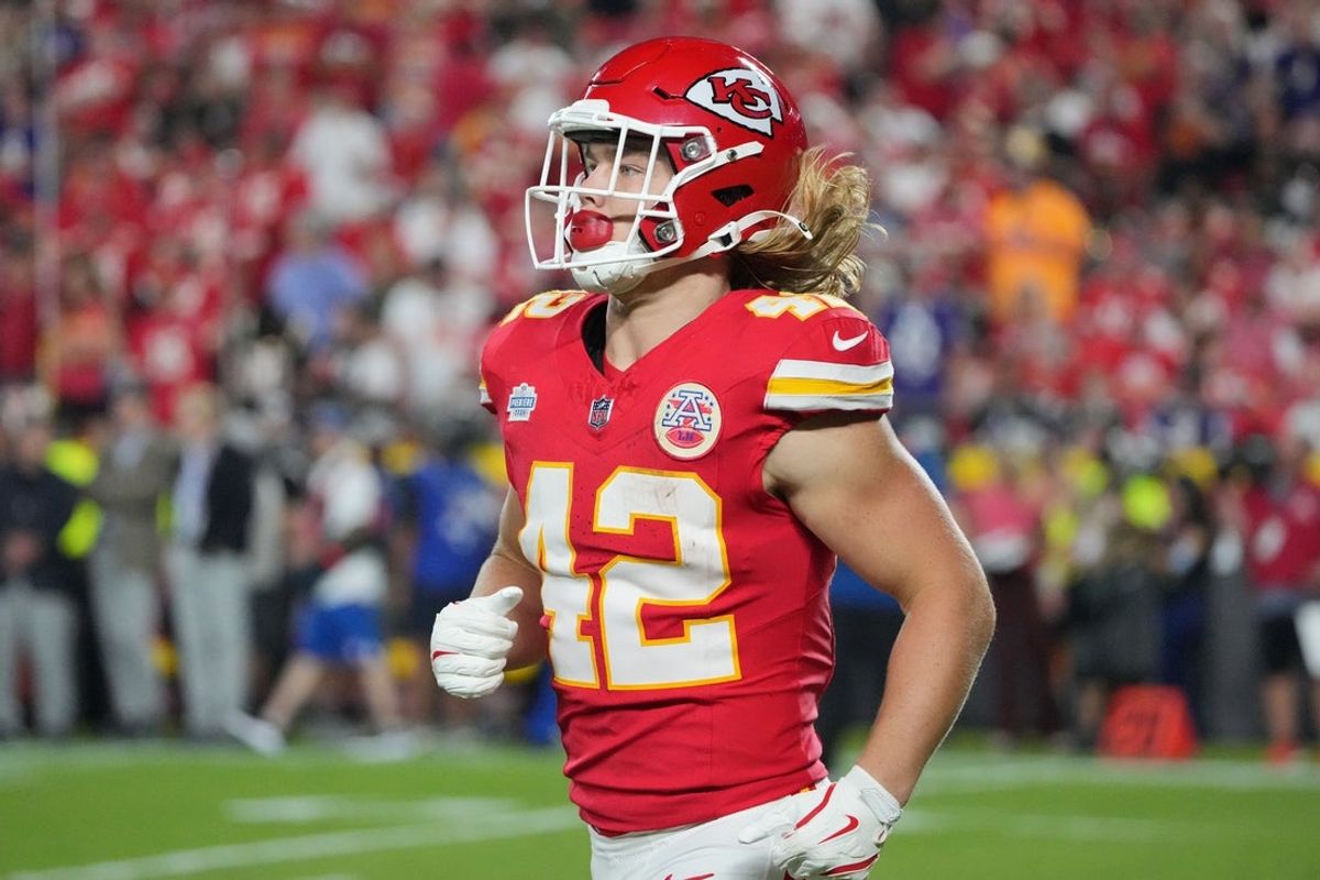 Sep 5, 2024; Kansas City, Missouri, USA; Kansas City Chiefs linebacker Jack Cochrane (43) returns to the sidelines after a play against the Baltimore Ravens during the second half at GEHA Field at Arrowhead Stadium. Mandatory Credit: Denny Medley-Imagn Images