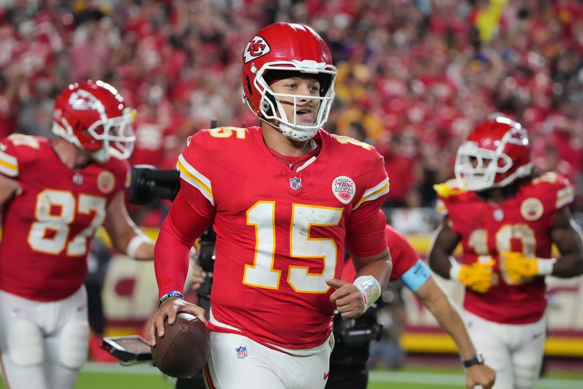 Kansas City Chiefs quarterback Patrick Mahomes (15) returns to the sidelines after a play against the Baltimore Ravens during the second half at GEHA Field at Arrowhead Stadium. Mandatory Credit: Denny Medley-Imagn Images