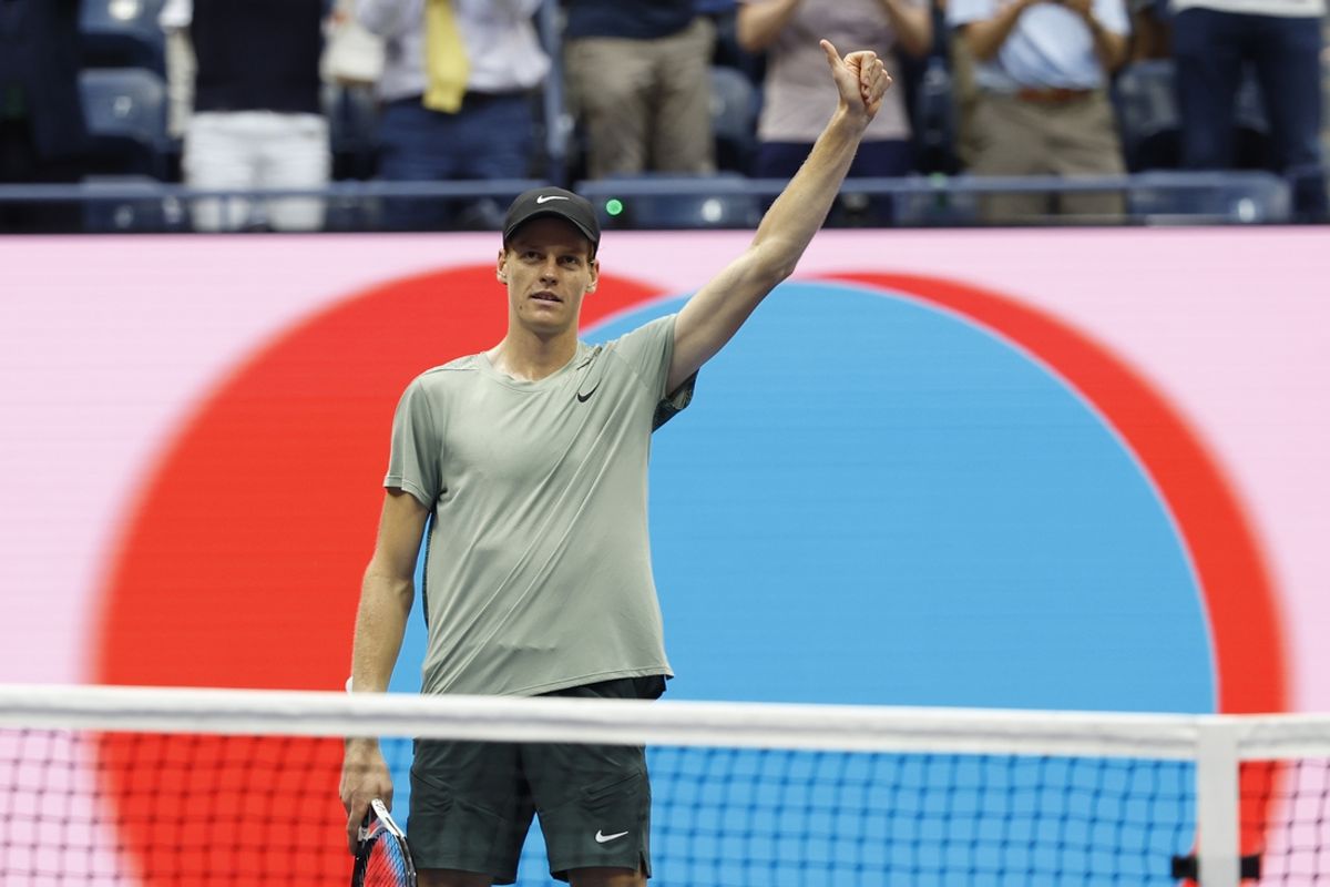Sep 6, 2024; Flushing, NY, USA; Jannik Sinner (ITA) celebrates after his match against Jack Draper (GBR)(not pictured) after their men's singles semifinal on day twelve of the 2024 U.S. Open tennis tournament at USTA Billie Jean King National Tennis Center. Mandatory Credit: Geoff Burke-Imagn Images