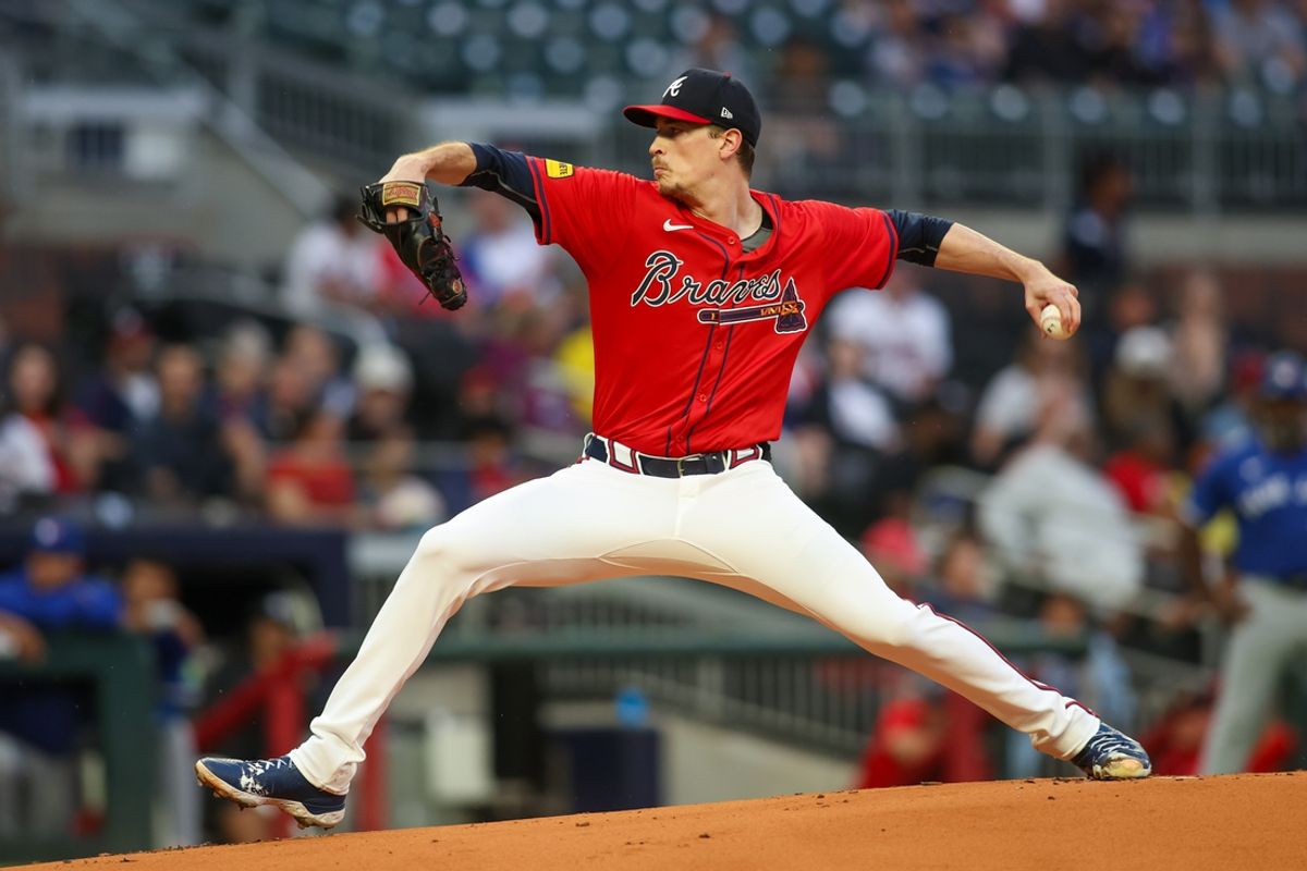Sep 6, 2024; Atlanta, Georgia, USA; Atlanta Braves starting pitcher Max Fried (54) throws against the Toronto Blue Jays in the first inning at Truist Park. Mandatory Credit: Brett Davis-Imagn Images