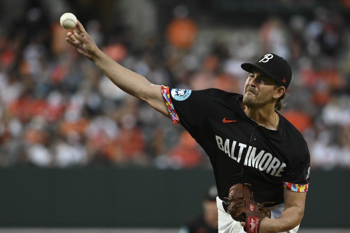 Sep 6, 2024; Baltimore, Maryland, USA;  Baltimore Orioles pitcher Dean Kremer (64) throws a first inning pitch against the Tampa Bay Rays at Oriole Park at Camden Yards. Mandatory Credit: Tommy Gilligan-Imagn Images