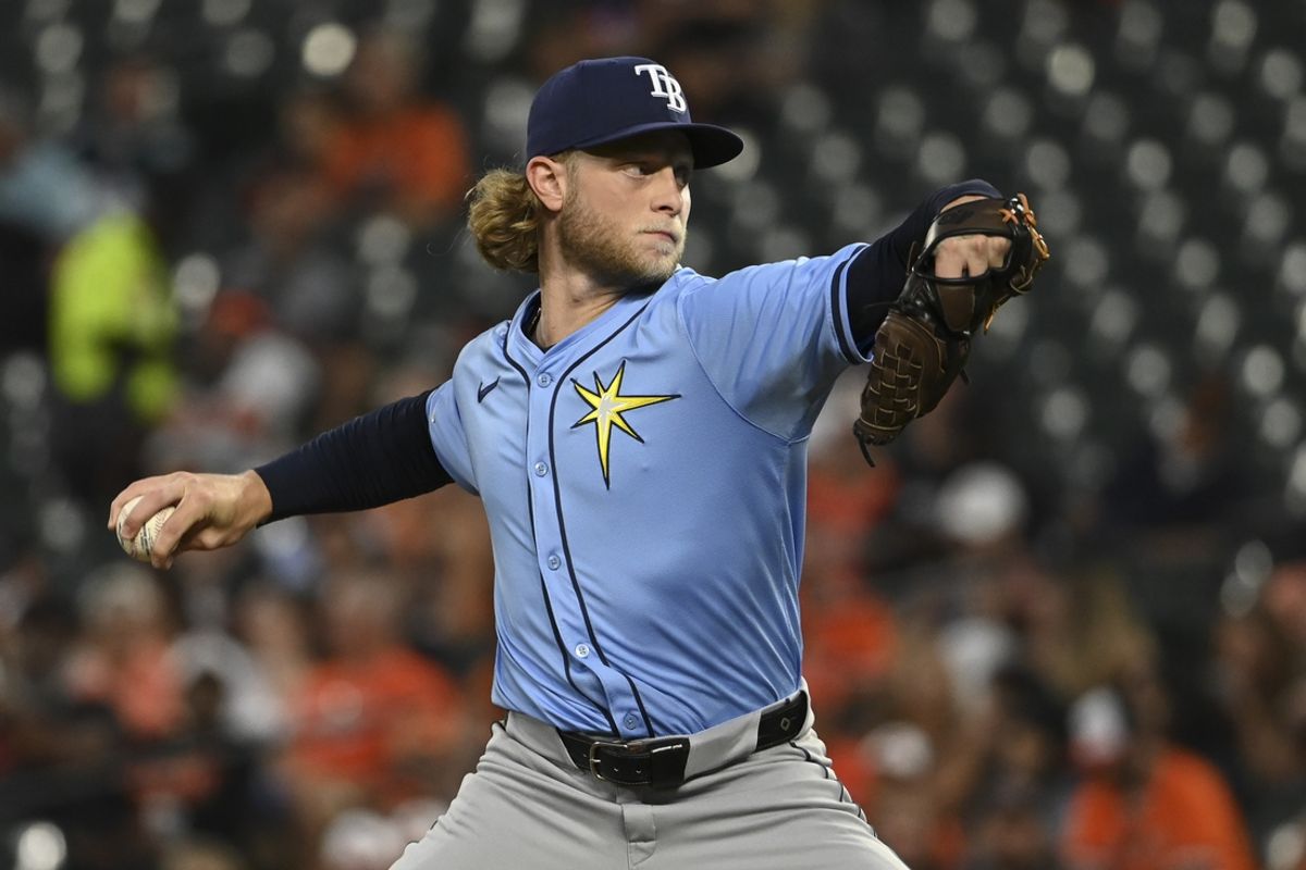 Sep 6, 2024; Baltimore, Maryland, USA;  Tampa Bay Rays pitcher Shane Baz (11) throws a second inning pitch against the Baltimore Orioles at Oriole Park at Camden Yards. Mandatory Credit: Tommy Gilligan-Imagn Images