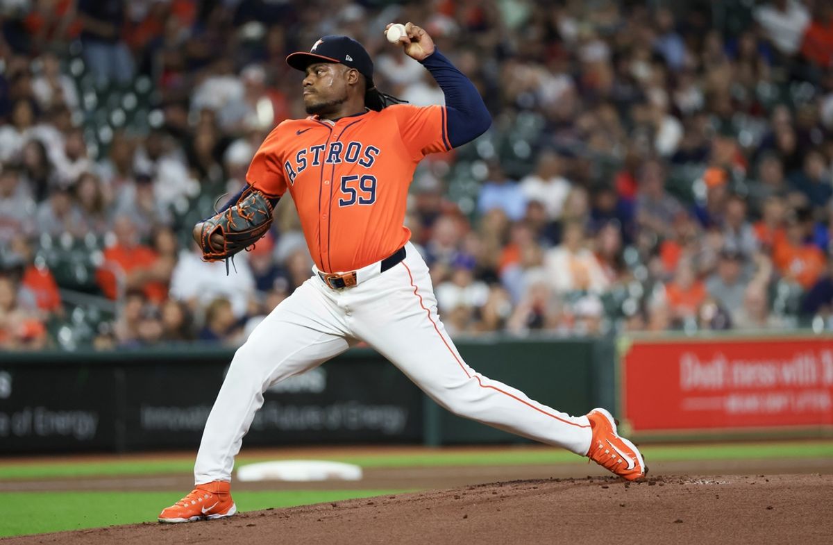 Sep 6, 2024; Houston, Texas, USA;  Houston Astros starting pitcher Framber Valdez (59) pitches against the Arizona Diamondbacks in the first inning at Minute Maid Park. Mandatory Credit: Thomas Shea-Imagn Images