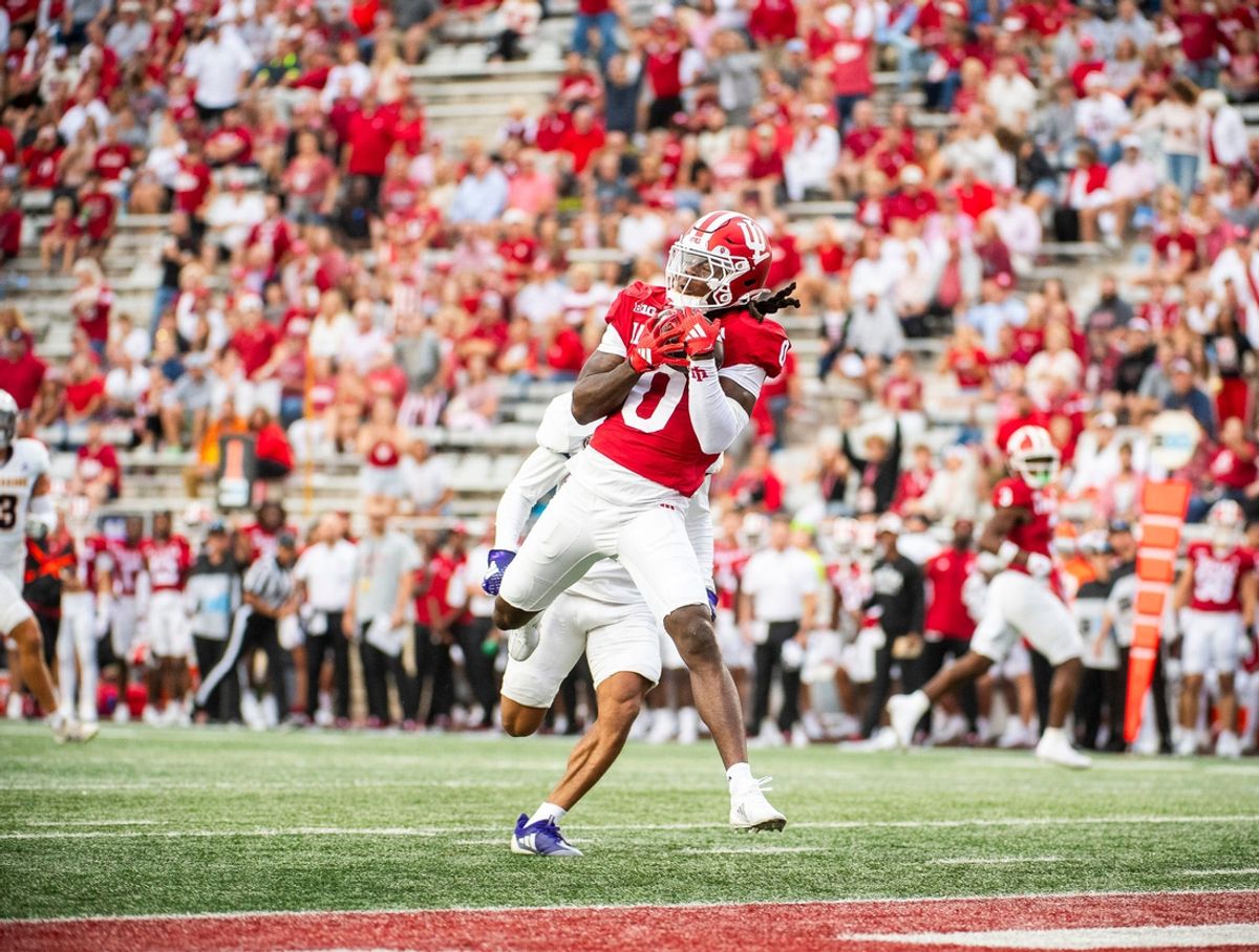 Indiana's Andison Coby (0) catches a touchdown pass during the Indiana versus Western Illinois football game at Memorial Stadium on Friday, Sept. 6, 2024.