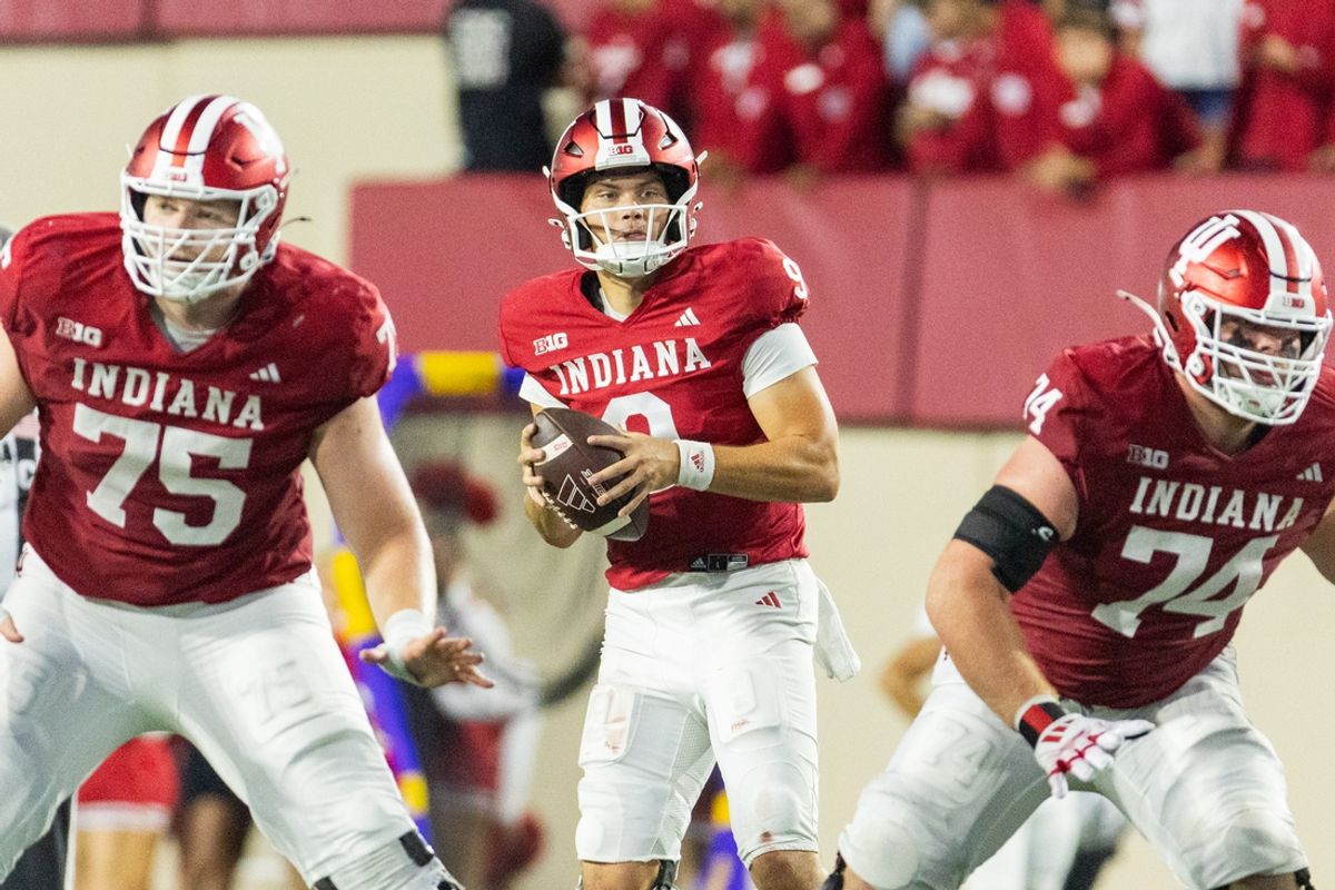 Sep 6, 2024; Bloomington, Indiana, USA;  Indiana Hoosiers quarterback Kurtis Rourke (9) looks to pass the ball  in the second quarter against the Western Illinois Leathernecks at Memorial Stadium. Mandatory Credit: Trevor Ruszkowski-Imagn Images