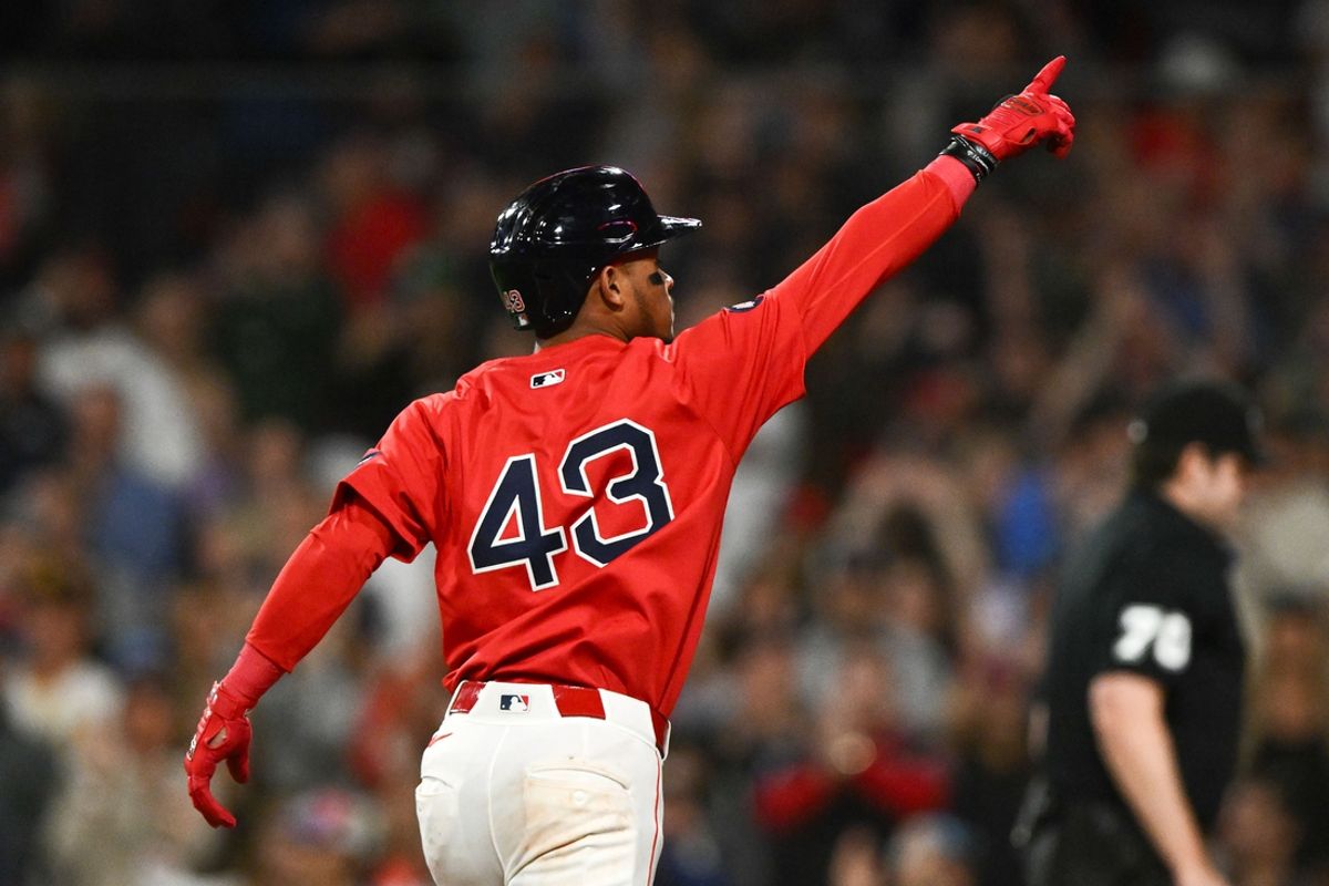 Sep 6, 2024; Boston, Massachusetts, USA; Boston Red Sox shortstop Ceddanne Rafaela (43) reacts after hitting a two-run home run against the Chicago White Sox during the seventh inning at Fenway Park. Mandatory Credit: Brian Fluharty-Imagn Images