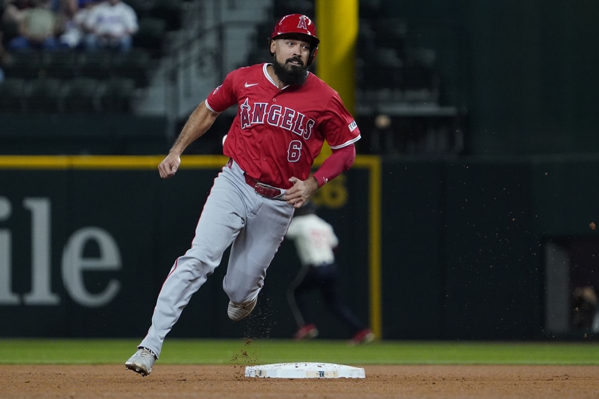 Sep 6, 2024; Arlington, Texas, USA;  Los Angeles Angels third baseman Anthony Rendon (6) runs to third base during the sixth inning against the Texas Rangers at Globe Life Field. Mandatory Credit: Raymond Carlin III-Imagn Images
