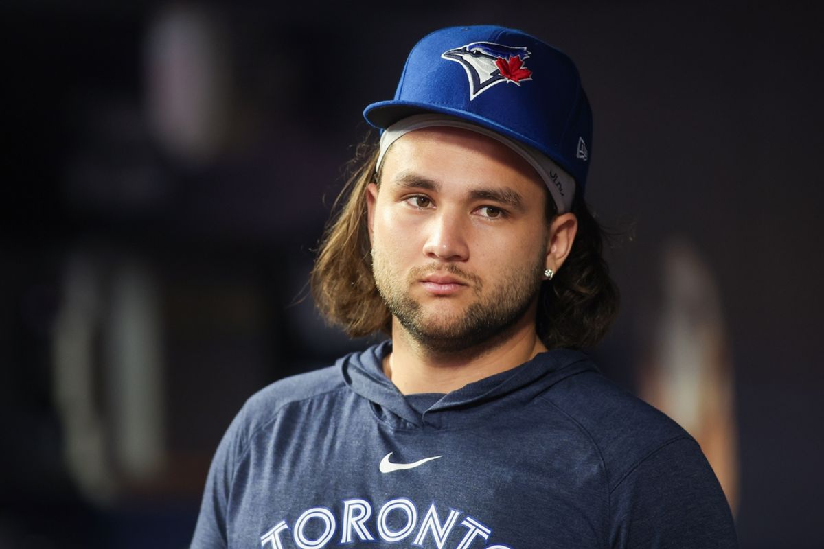 Sep 6, 2024; Atlanta, Georgia, USA; Toronto Blue Jays shortstop Bo Bichette (11) in the dugout against the Atlanta Braves in the sixth inning at Truist Park. Mandatory Credit: Brett Davis-Imagn Images