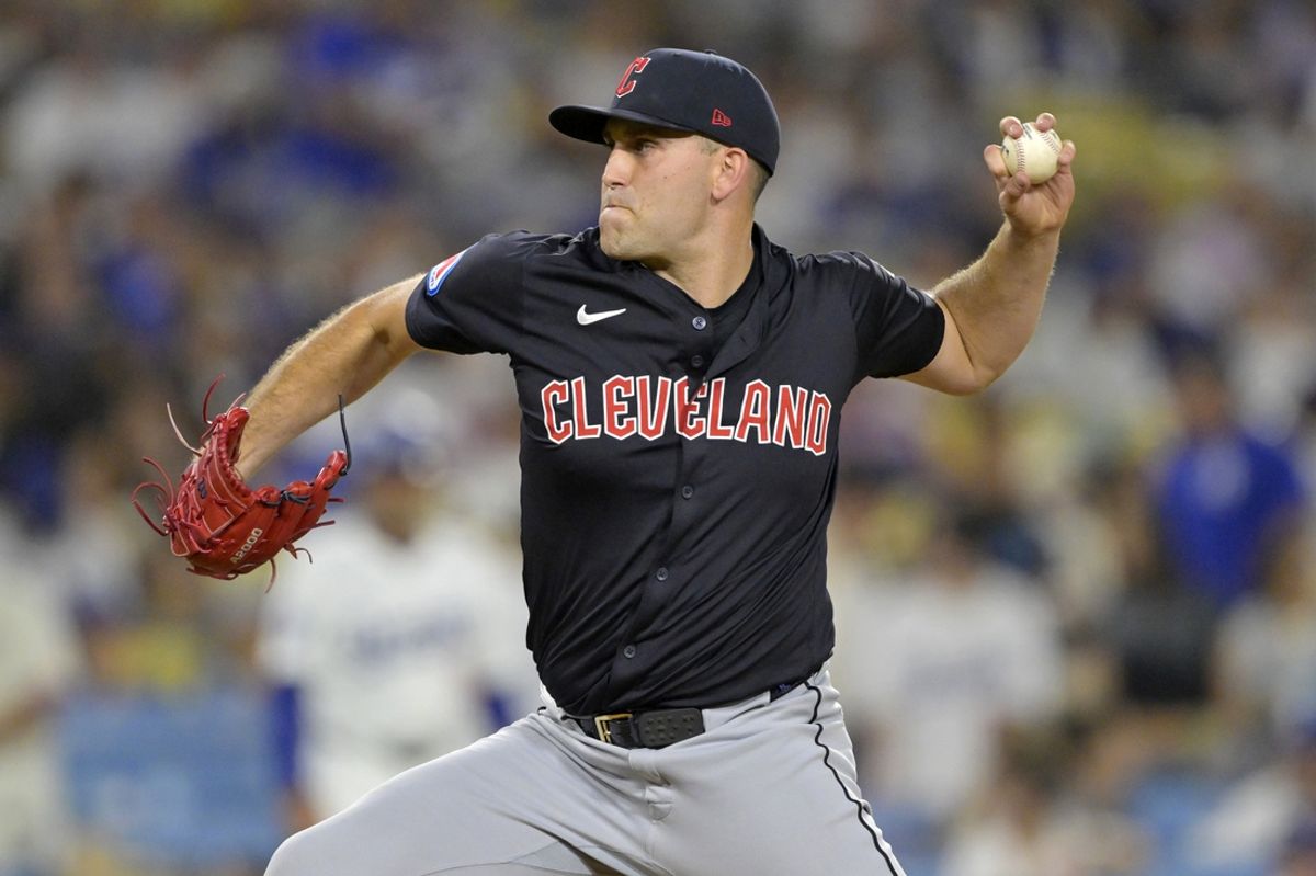 Sep 6, 2024; Los Angeles, California, USA;  Cleveland Guardians starting pitcher Matthew Boyd (16) delivers to the plate in the second inning against the Los Angeles Dodgers at Dodger Stadium. Mandatory Credit: Jayne Kamin-Oncea-Imagn Images