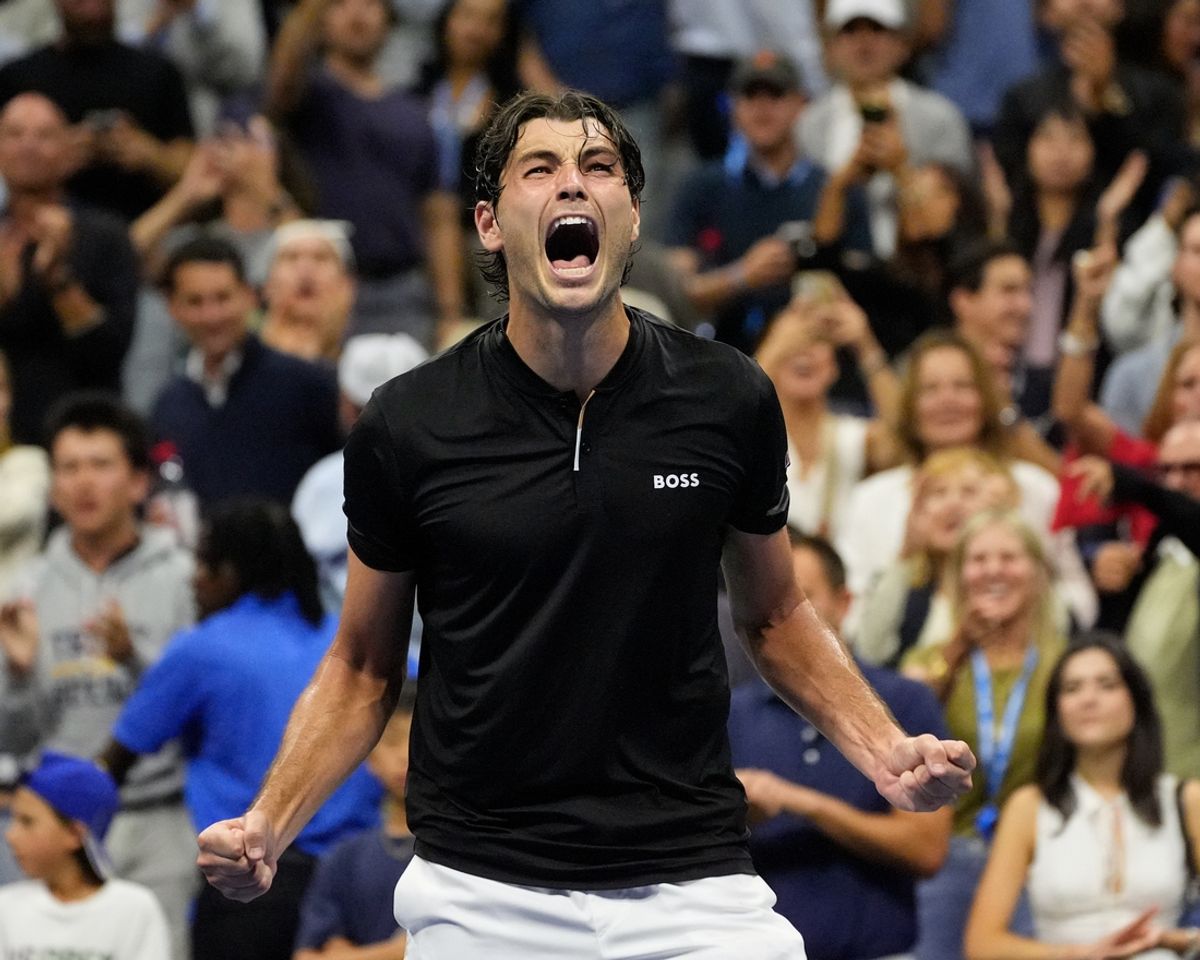 Sept 6, 2024; Flushing, NY, USA; Taylor Fritz (USA) reacts after beating Frances Tiafoe (USA) in the men's semifinals on day twelve of the 2024 U.S. Open tennis tournament at USTA Billie Jean King National Tennis Center. Mandatory Credit: Robert Deutsch-Imagn Images