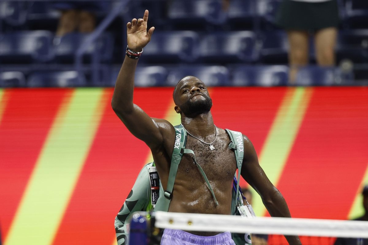 Sep 6, 2024; Flushing, NY, USA; Frances Tiafoe (USA) waves to the crowd while leaving the court after his match against Taylor Fritz (USA)(not pictured) in a men's singles semifinal of the 2024 U.S. Open tennis tournament at USTA Billie Jean King National Tennis Center. Mandatory Credit: Geoff Burke-Imagn Images