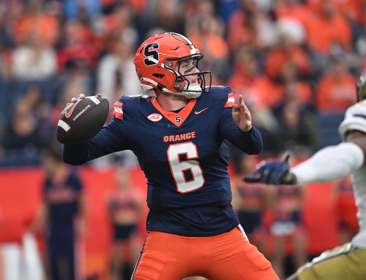 Sep 7, 2024; Syracuse, New York, USA; Syracuse Orange quarterback Kyle McCord (6) throws a pass in the second quarter against the Georgia Tech Yellow Jackets at the JMA Wireless Dome. Mandatory Credit: Mark Konezny-Imagn Images
